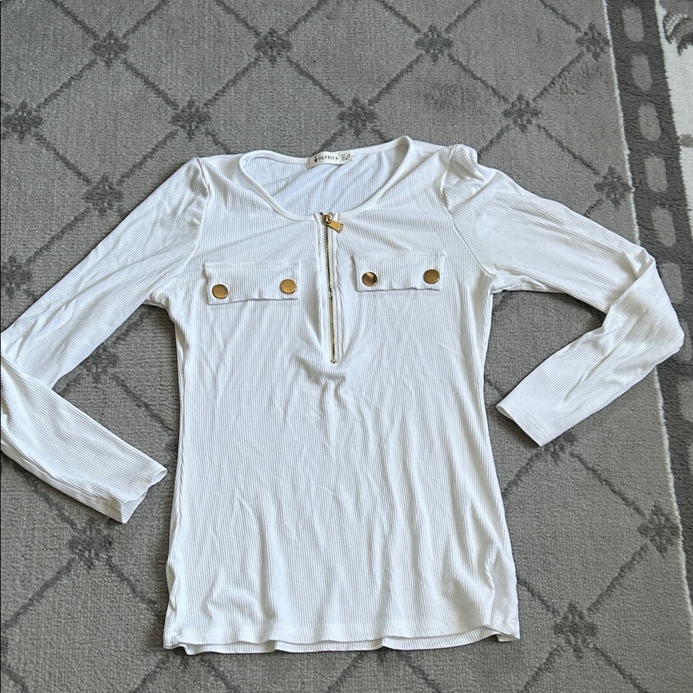 White Long Sleeve Top with Gold Accents